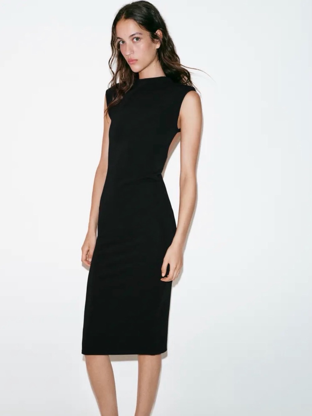 Zara Black Sleeveless Midi Dress - Fitted High Neck